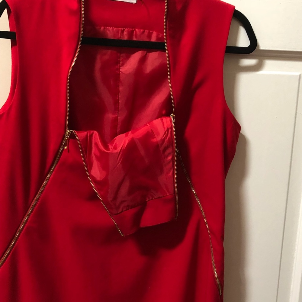 Red dress with gold zip.